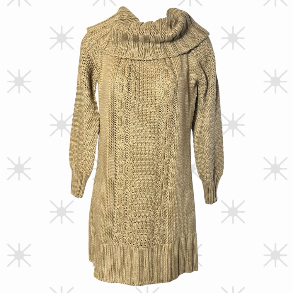 Onetheland Tan Cable Knit Cowl Neck Sweater Dress Cozy Boho Long Sleeve Fall - Picture 1 of 6